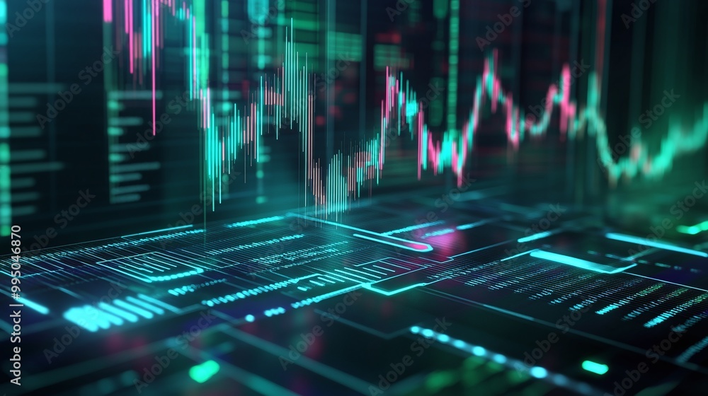 Aufkleber futuristic digital interface with glowing graphs and charts on a dark background.