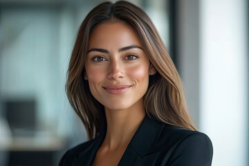 Fototapeta premium Closeup headshot face portrait of beautiful successful hispanic young business woman looking confident at camera. generative ai