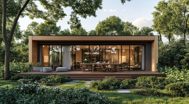 Modern small house with dark gray metal cladding and wooden elements, surrounded by green grass 