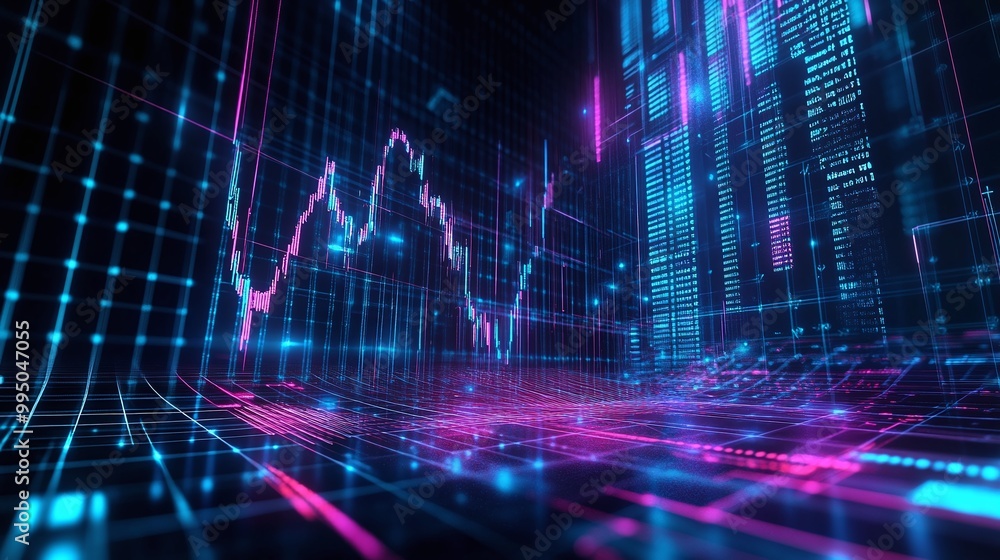 Poster futuristic digital landscape featuring vibrant data visualizations and graphs in neon colors.