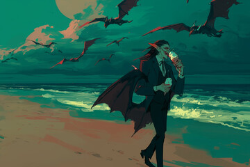 Obraz premium Vampire Enjoying Ice Cream on Moonlit Beach with Bats Flying Overhead