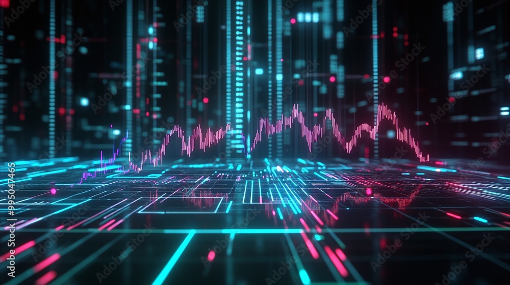 Poster futuristic digital landscape with neon lights and wave patterns, representing data visualization and