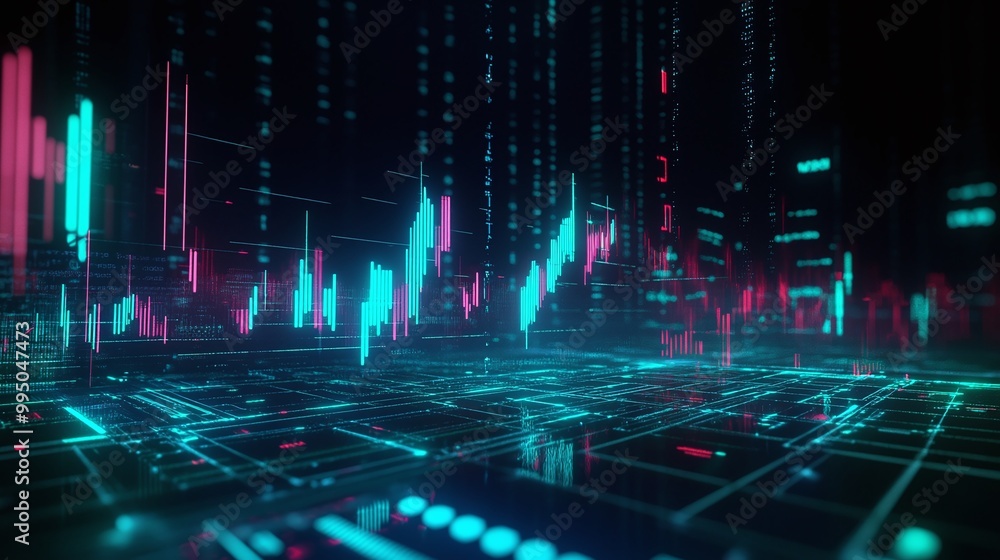 Poster futuristic digital landscape with vibrant data streams and graphs in neon colors against a dark back