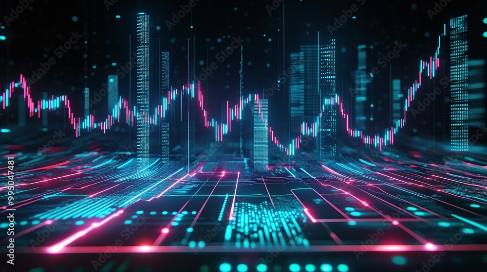 Aufkleber futuristic digital landscape with neon lines and data visualizations representing advanced technolog