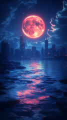 Fototapeta premium A blood red moon shines over a city skyline reflected in the water.