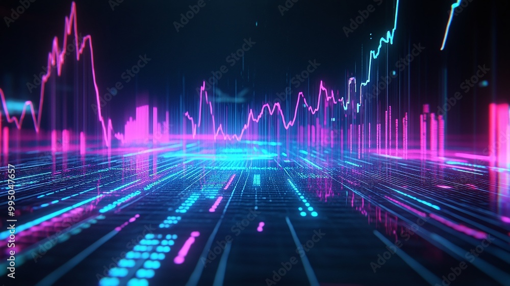 Poster futuristic digital landscape with vibrant neon graphs and data visualizations, representing technolo