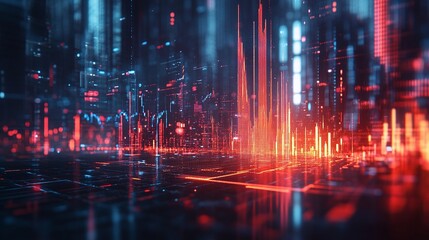Futuristic digital landscape with vibrant red and blue lighting effects, creating an abstract series of data and signals.