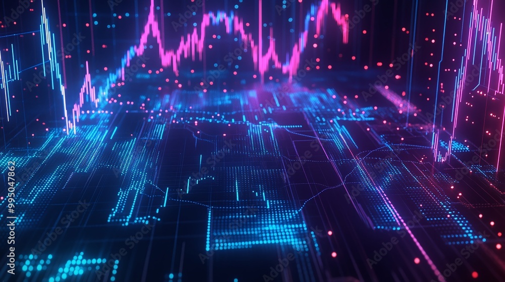 Aufkleber futuristic digital stock market data visualization with vibrant neon colors and graph patterns.