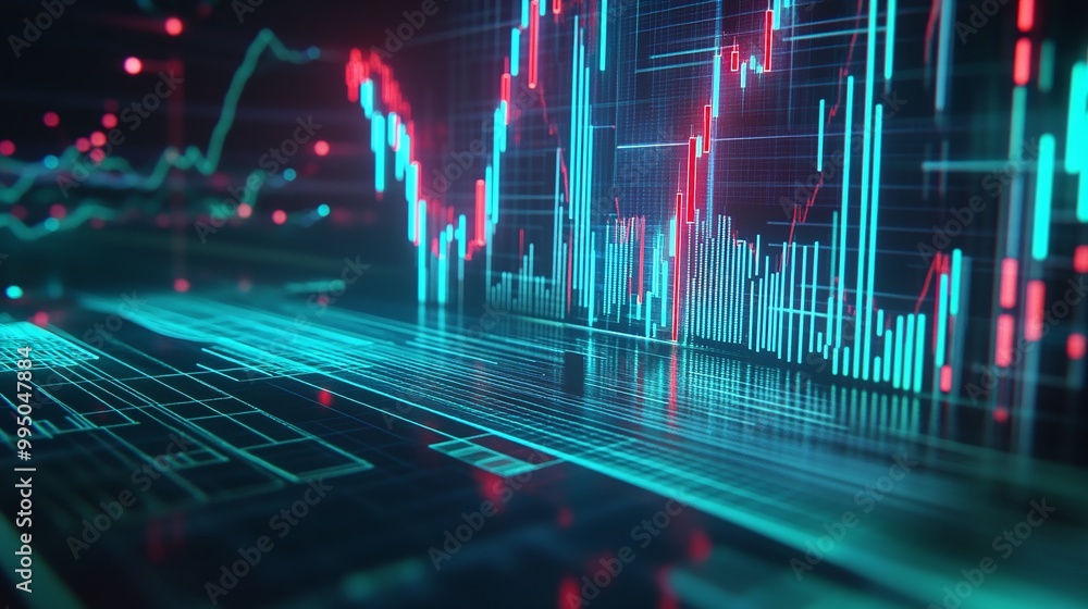 Poster futuristic digital stock market display with glowing graphs and data lines.