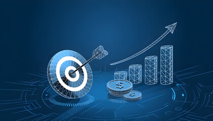 Fototapeta premium Abstract finance successful concept. Digital target, coins, and growth chart on blue technology background. Eco economics metaphor. Low poly wireframe futuristic style. Geometry 