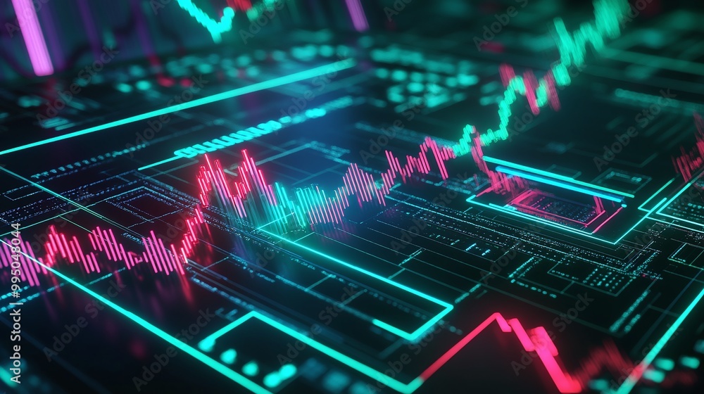 Poster futuristic digital trading interface with colorful stock market graphs and indicators on a dark back
