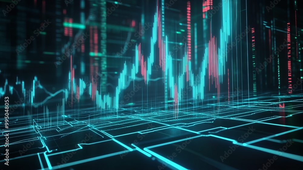 Poster futuristic digital visualization of data trends and analytics in vibrant colors.