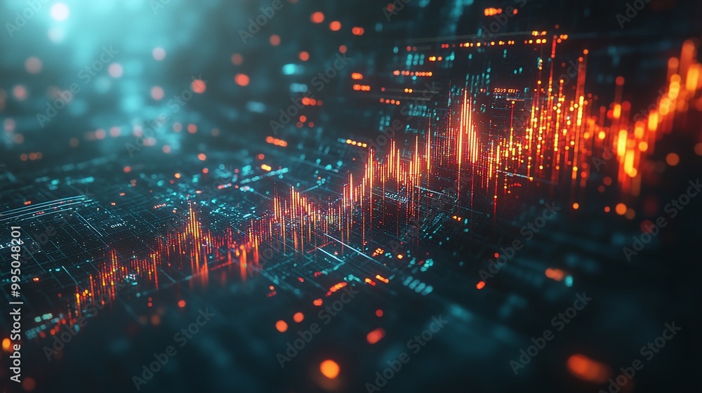 Poster futuristic digital waveforms and data visualizations in a technology-inspired abstract background.
