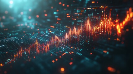 Fototapeta premium Futuristic digital waveforms and data visualizations in a technology-inspired abstract background.