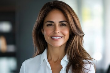 Closeup headshot face portrait of beautiful successful hispanic young business woman looking confident at camera. generative ai