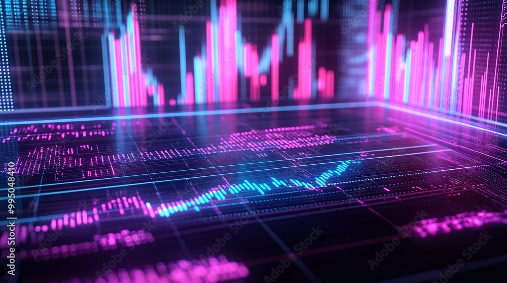 Poster futuristic financial data visualization with colorful charts and graphs representing market trends a