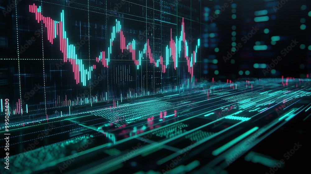 Poster futuristic financial data visualization with glowing graphs and charts in a digital environment.