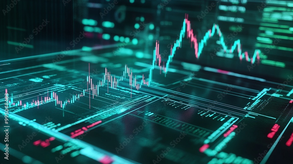 Poster futuristic financial data visualization with glowing graphs and digital interface elements on a dark