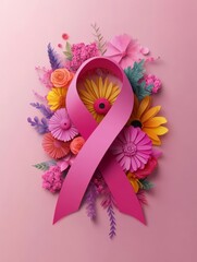 Obraz premium Pink ribbon surrounded by colorful paper flowers, symbolizing hope, support, awareness, beauty, and love.