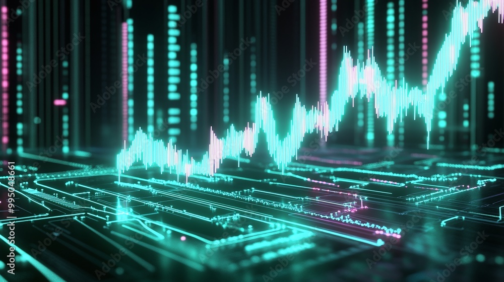 Poster futuristic graph displaying digital data trends with neon elements, representing analytics and innov