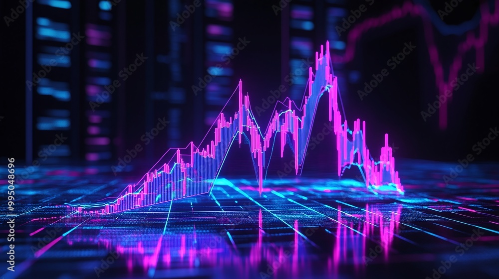 Aufkleber futuristic graph visualization showcasing data trends with vibrant neon colors on a digital grid.