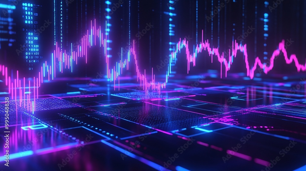 Poster high-tech abstract data visualization with vibrant lines and graphs representing financial trends.