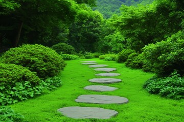 Charming Stone Pathway Winding Through a Lush Green Garden Surrounded by Vibrant Foliage and Dense Shrubs for a Tranquil Outdoor Experience