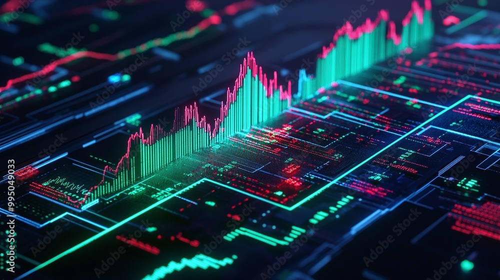 Poster modern digital trading chart displaying fluctuating market trends with vibrant colors and dynamic da