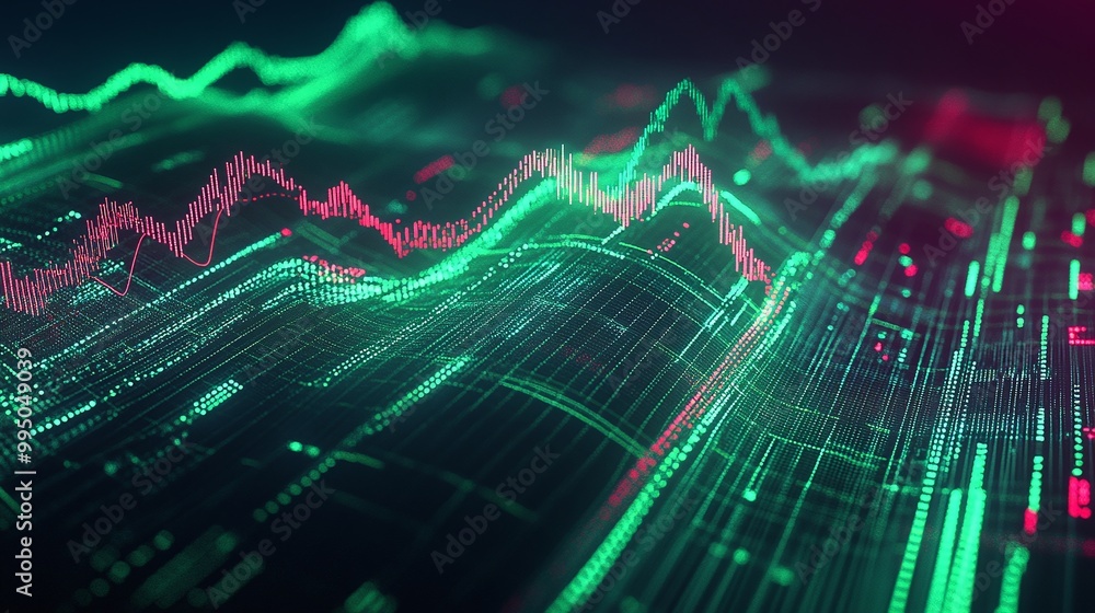 Poster modern digital stock market data visualization with vibrant green and red graphs on a dark backgroun