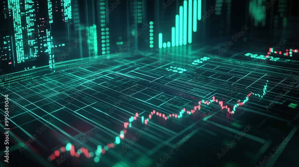 Poster real-time data visualization with green and red graphs on a digital interface, showcasing dynamic fi