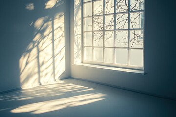Obraz premium Minimalist Window with Tree Shadows on a White Wall