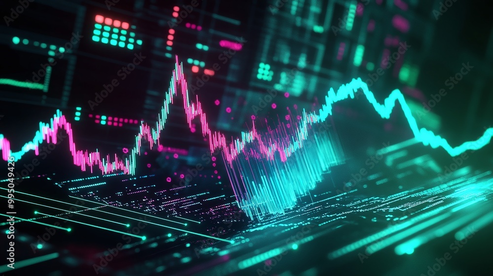 Poster vibrant abstract digital stock market chart with glowing lines and data visualization elements on a 