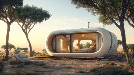 Modern eco-friendly house surrounded by trees at sunset, white isolate background.