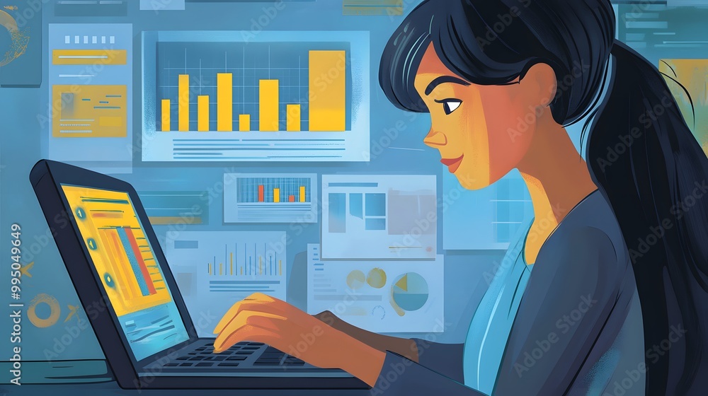 Poster woman analyzing data on laptop with charts and graphs in background