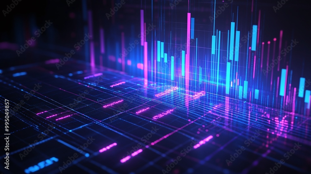 Poster vibrant data visualization with colorful bar graphs on a dark background, showcasing trends in analy