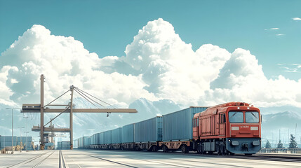 Fototapeta premium Cargo Train Transporting Goods Through a Port with Cranes