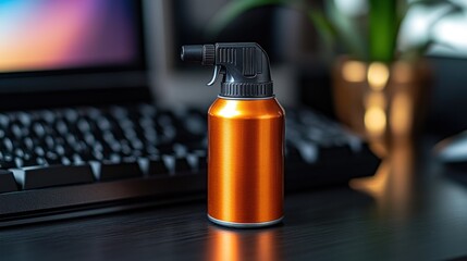 Fototapeta premium A small orange spray canister on a desk next to a keyboard.