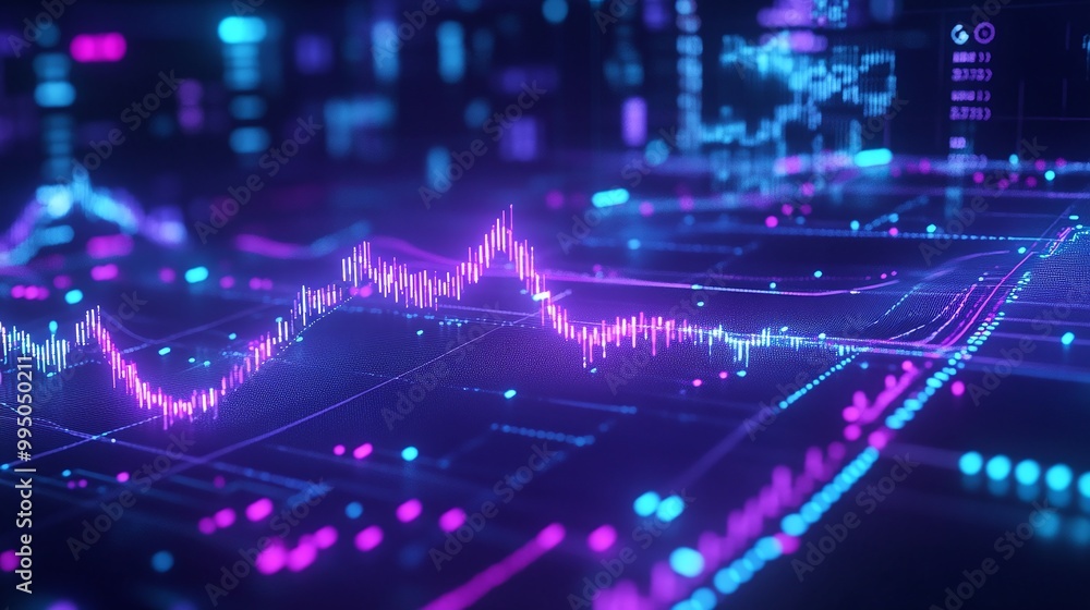 Poster vibrant digital data visualization with colorful graphs and charts on a dark background.