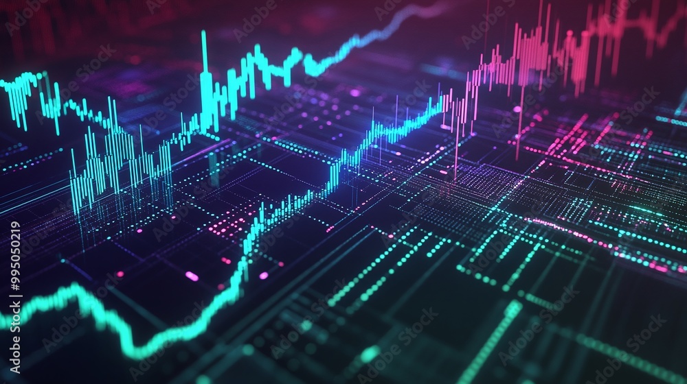 Poster vibrant digital data visualization with colorful graphs and charts representing fluctuations in data