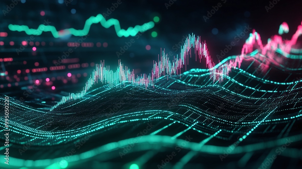 Poster vibrant digital data visualization with colorful graphs and wave patterns representing financial sta