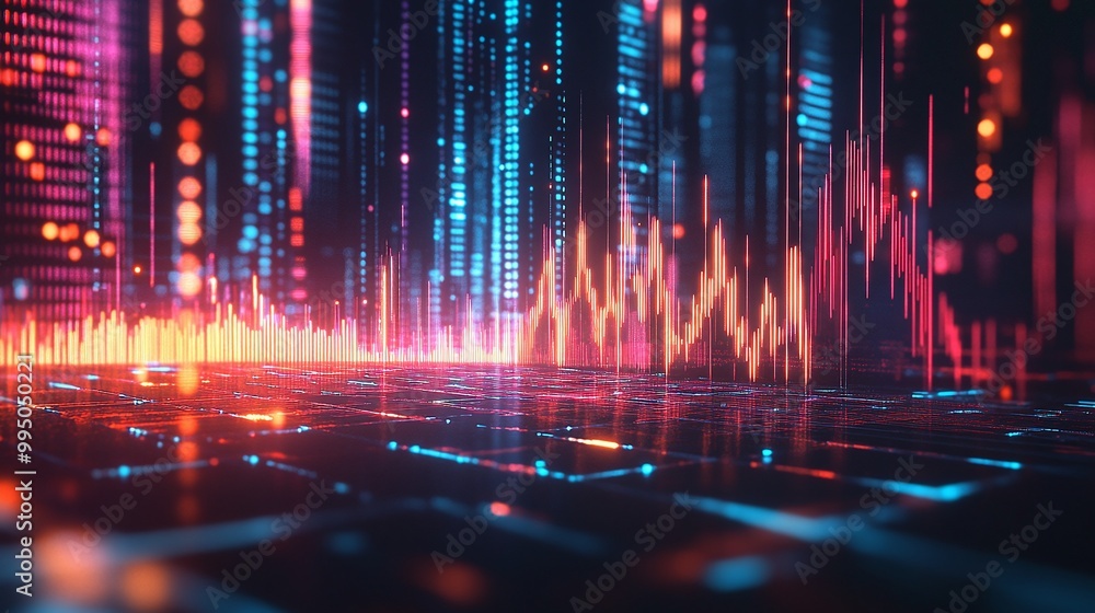 Poster vibrant digital data visualization with colorful graphs representing information trends on a sleek b