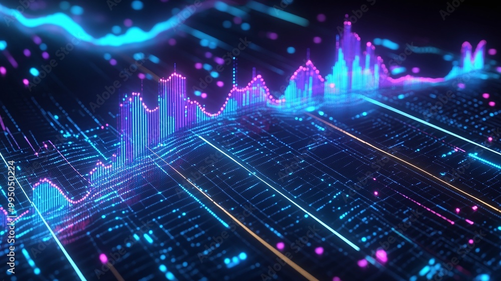 Poster vibrant digital data visualization with colorful lines and peaks on a dark background, representing 