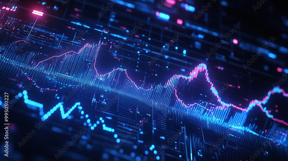 Poster vibrant digital data visualization with colorful lines and graphs representing trends and statistics