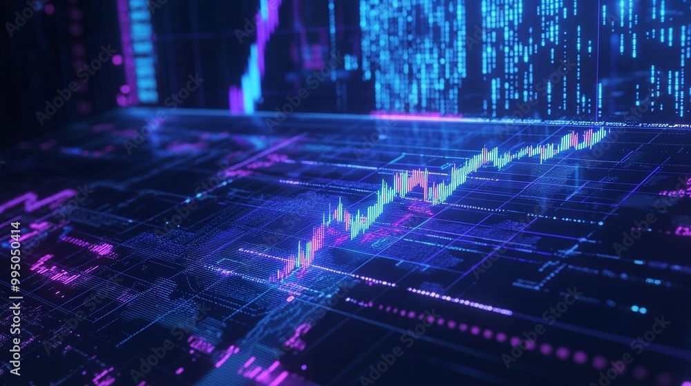 Poster vibrant digital data visualization with glowing graphs and charts representing financial trends.