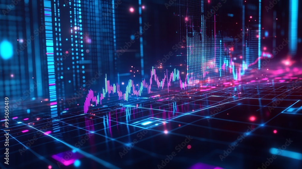 Poster vibrant digital data visualization with graphs and lights in a futuristic setting, showcasing techno