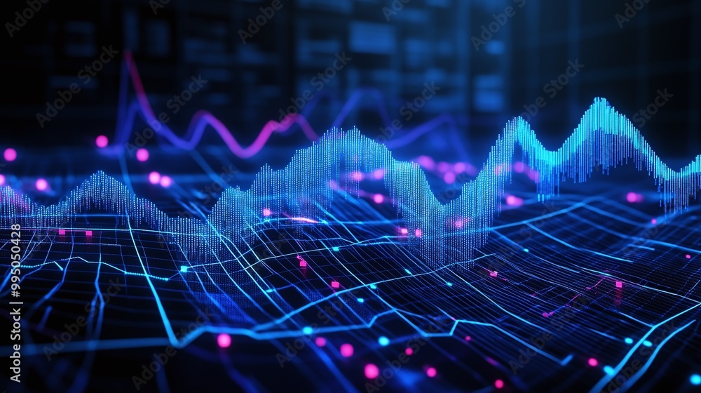 Poster vibrant digital data visualization with neon blue and pink lines representing analytics and informat