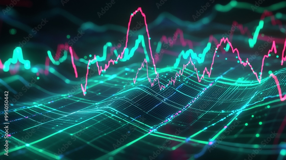 Aufkleber vibrant digital data visualization with neon lines depicting fluctuating graphs and trends.