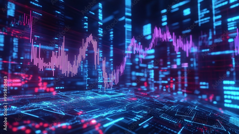 Poster vibrant digital data visualization with neon elements illustrating data trends and analytics.