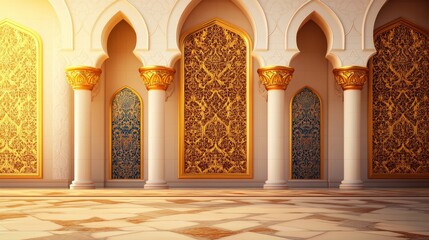 Obraz premium This image showcases the interior of a grand mosque, featuring intricate golden arches and patterned walls, symbolizing faith, architecture, luxury, tradition, and spirituality.