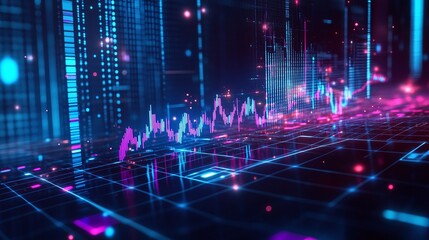 Vibrant digital data visualization with graphs and lights in a futuristic setting, showcasing technology and innovation.